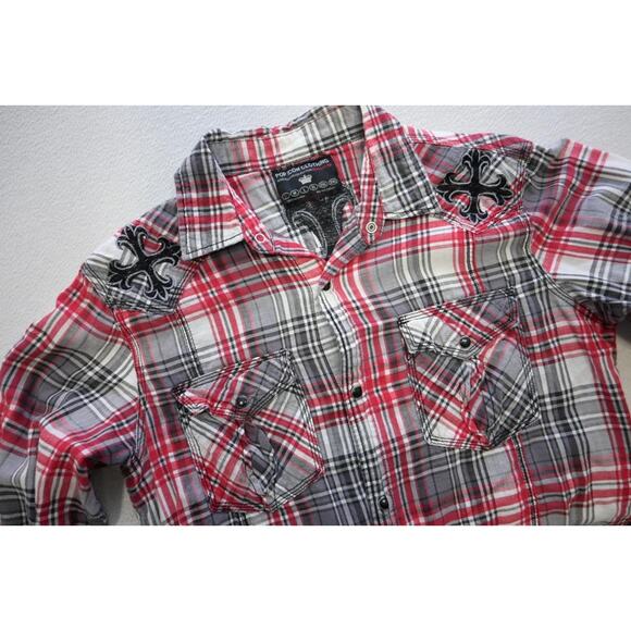 Pop Icon Western Pearl Snaps Shirt Casual Plaid Long Sleeve Mens Size Small - Picture 5 of 7